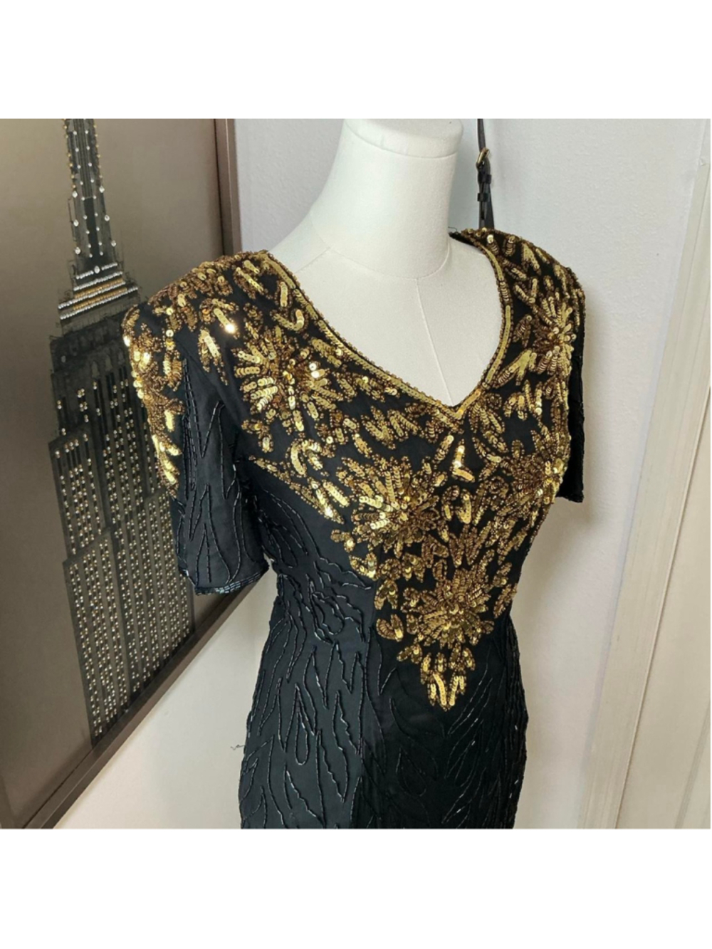 Vintage Sténay Black Gold Sequin Beaded Silk Cocktail Dress Size 6 - Picture 2 of 5